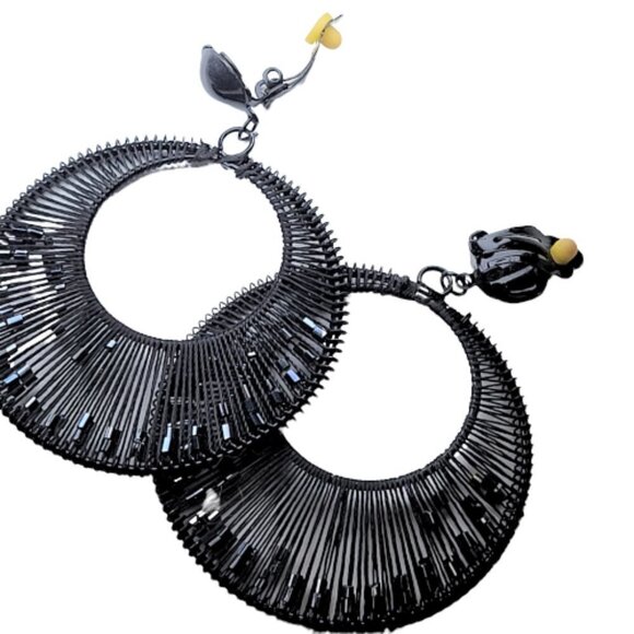 Black Beaded Round Clip On Earrings - Picture 2 of 10